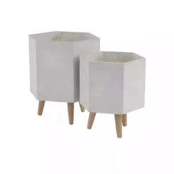 Kirklands Home Clay and Wood Hexagon Planters, Set of 2 White Discount