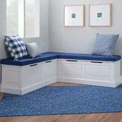 Kirklands Home White Corner Bench with Blue Cushions Outlet