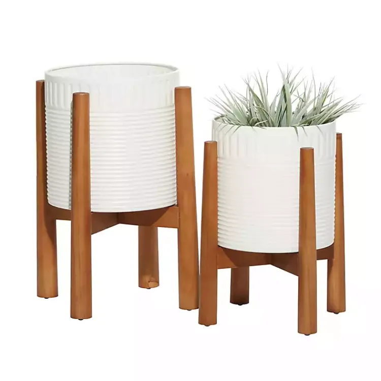 Kirklands Home Corrugated Iron and Wood Planters, Set of 2 White Sale