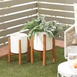 Kirklands Home Corrugated Iron and Wood Planters, Set of 2 White Sale