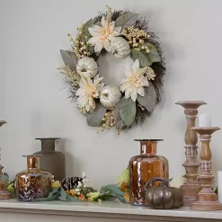 Fall>Kirklands Home White Dahlia and Pumpkin Harvest Wreath