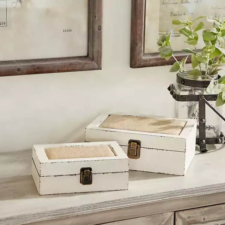 Baskets & Boxes>Kirklands Home Distressed Burlap Wooden Boxes, Set of 2 White