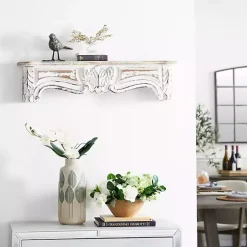 Kirklands Home White Distressed Carved Wood Acanthus Wall Shelf New