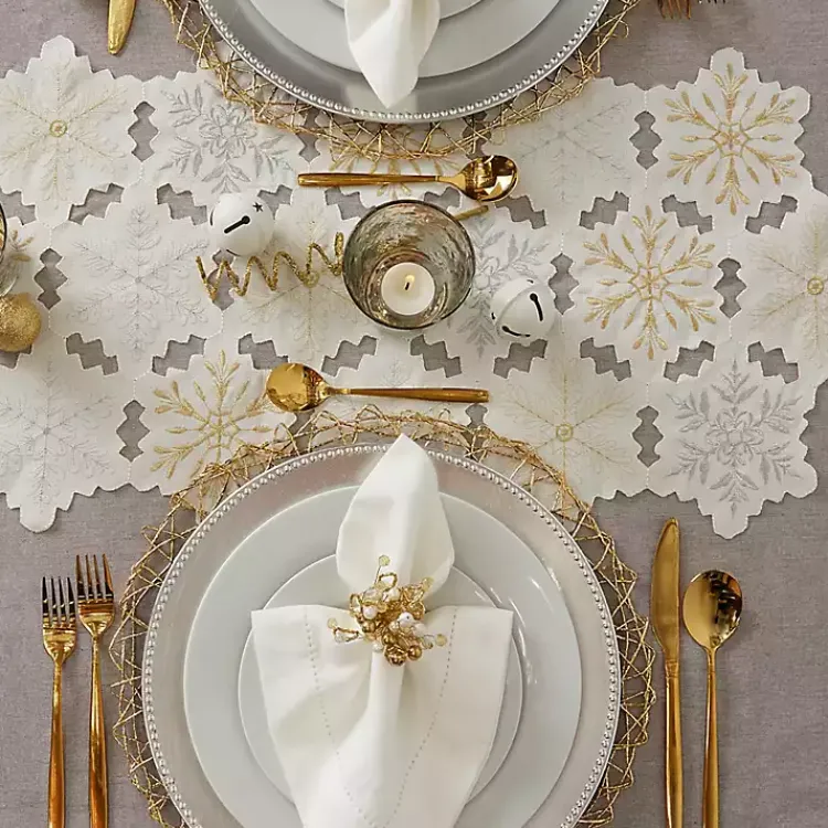 Kirklands Home White Embroidered Snowflakes Table Runner Hot