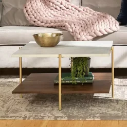 Kirklands Home White Faux Marble and Brown Wood Coffee Table Clearance