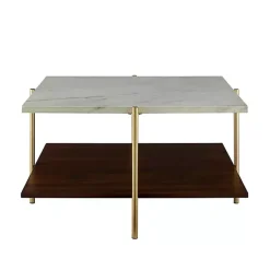 Kirklands Home White Faux Marble and Brown Wood Coffee Table Clearance