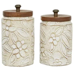 Decorative Bowls & Jars>Kirklands Home Floral Jars with Wood Lids, Set of 2 White