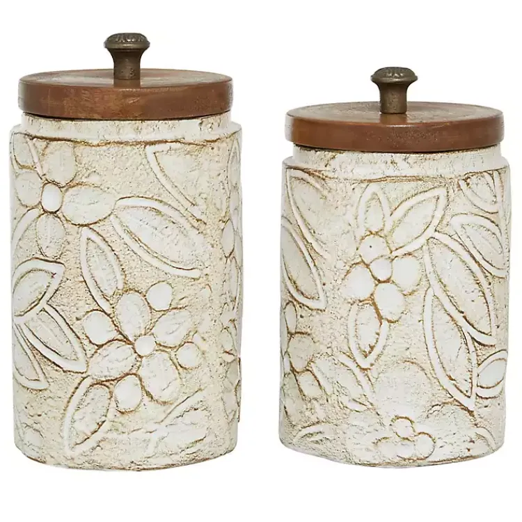 Decorative Bowls & Jars>Kirklands Home Floral Jars with Wood Lids, Set of 2 White