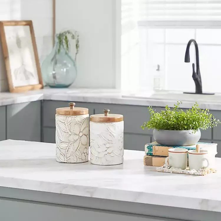 Decorative Bowls & Jars>Kirklands Home Floral Jars with Wood Lids, Set of 2 White