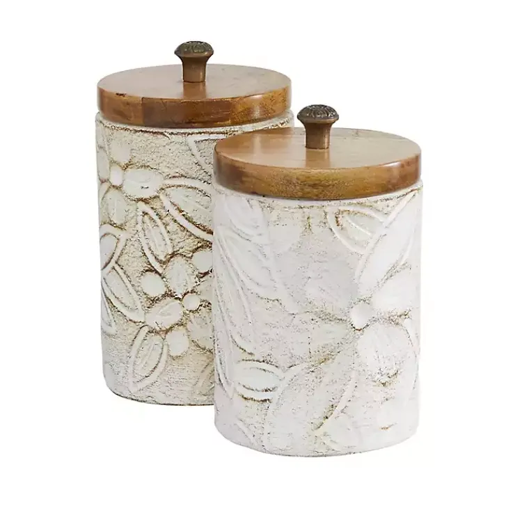 Decorative Bowls & Jars>Kirklands Home Floral Jars with Wood Lids, Set of 2 White
