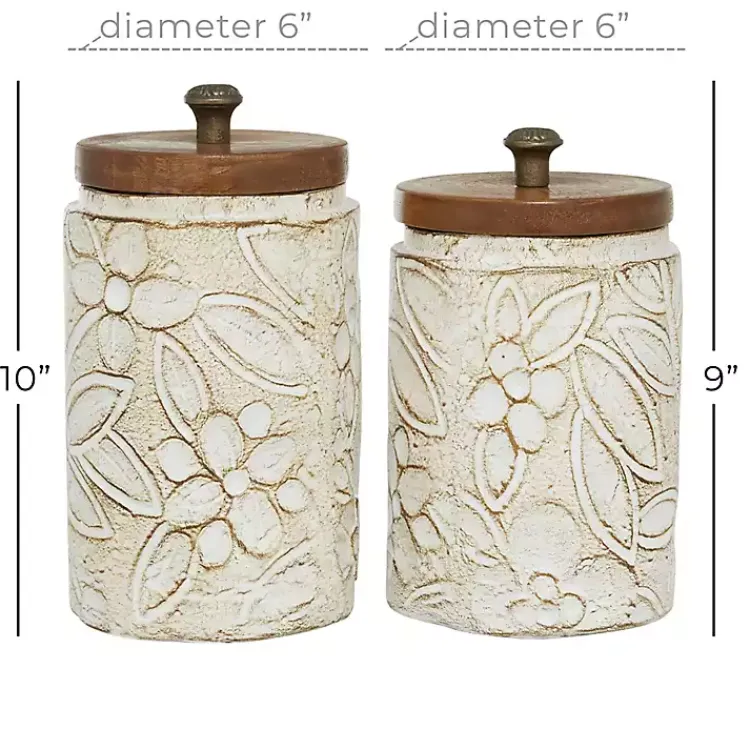 Decorative Bowls & Jars>Kirklands Home Floral Jars with Wood Lids, Set of 2 White