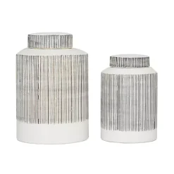 Decorative Bowls & Jars>Kirklands Home White Lined Ceramic Jars, Set of 2