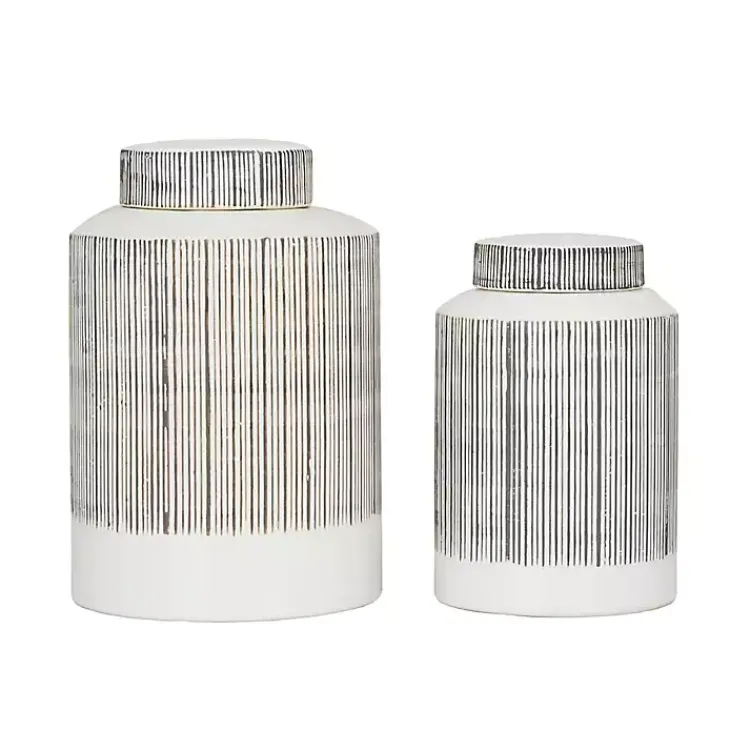 Decorative Bowls & Jars>Kirklands Home White Lined Ceramic Jars, Set of 2