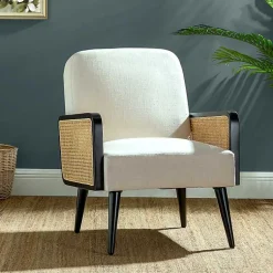 Kirklands Home White Linen and Rattan Accent Chair Ivory Hot