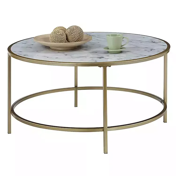 Kirklands Home White Marble & Metal Round Coffee Table Gold New