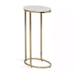Kirklands Home Marble and Gold Oval C-Shape Accent Table White Clearance