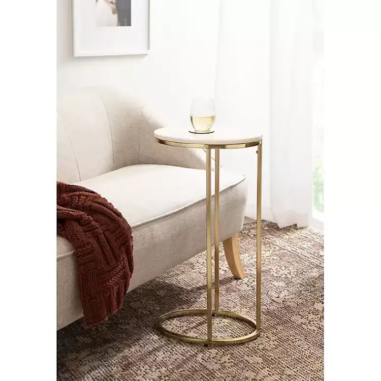 Kirklands Home Marble and Gold Oval C-Shape Accent Table White Clearance