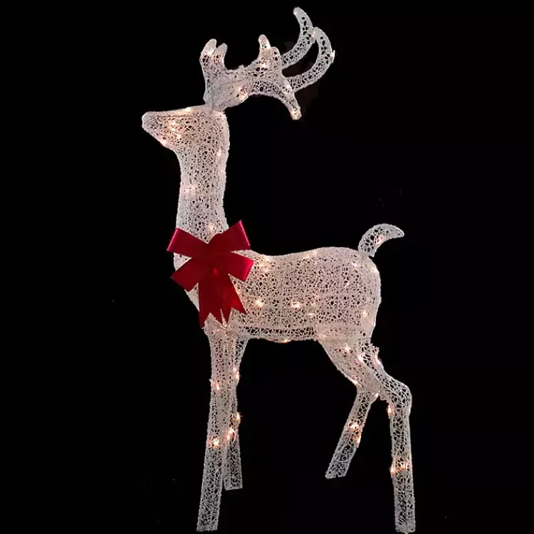 Outdoor Christmas Decorations>Kirklands Home Mesh and Red Bow Standing LED Christmas Deer White