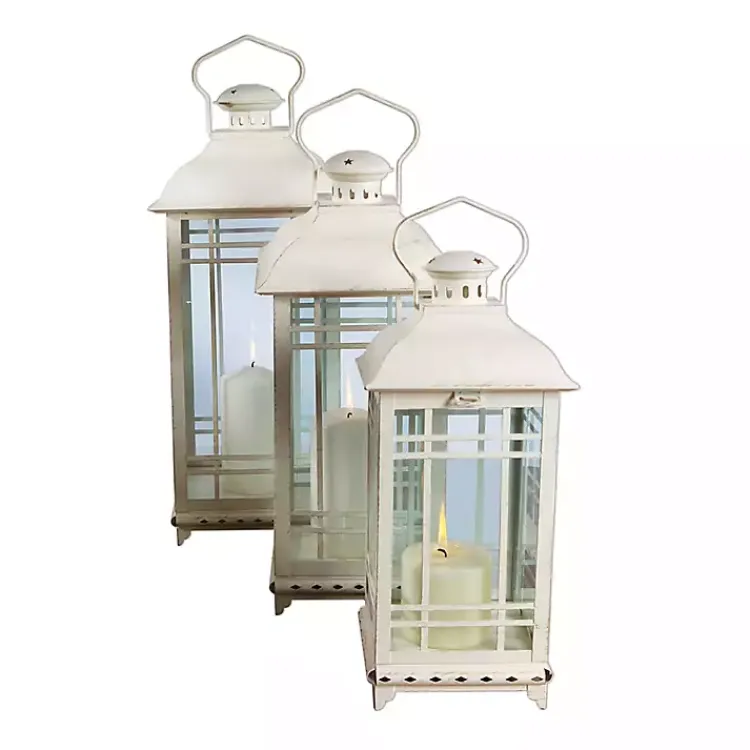 Lanterns>Kirklands Home Metal Windowpane Lanterns, Set of 3 White