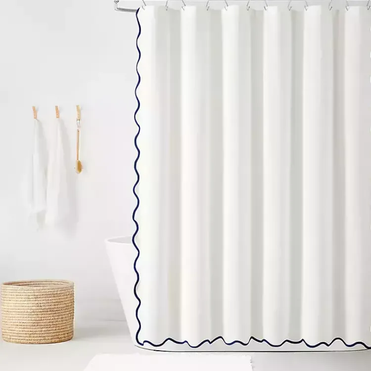 Kirklands Home White Navy Scalloped Coastal Shower Curtain Best