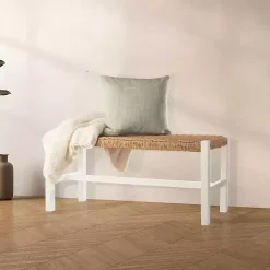 Kirklands Home White Newport Wood and Rattan Bench Brown New