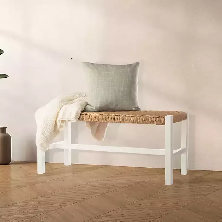 Kirklands Home White Newport Wood and Rattan Bench Brown New