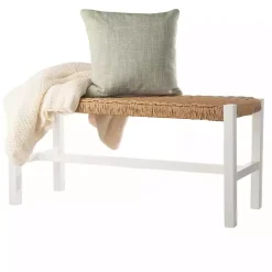 Kirklands Home White Newport Wood and Rattan Bench Brown New