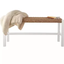 Kirklands Home White Newport Wood and Rattan Bench Brown New