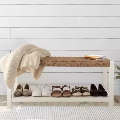 Kirklands Home White Newport Wood and Rattan Bench with Shelf Brown Discount