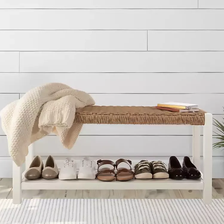 Kirklands Home White Newport Wood and Rattan Bench with Shelf Brown Discount
