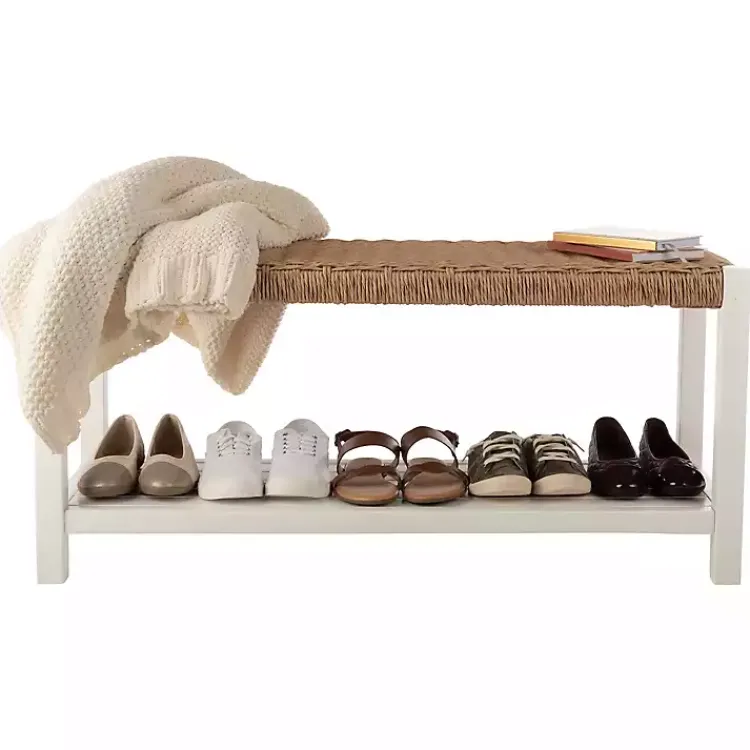 Kirklands Home White Newport Wood and Rattan Bench with Shelf Brown Discount
