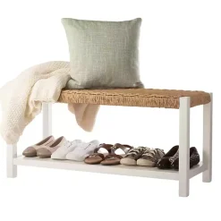 Kirklands Home White Newport Wood and Rattan Bench with Shelf Brown Discount