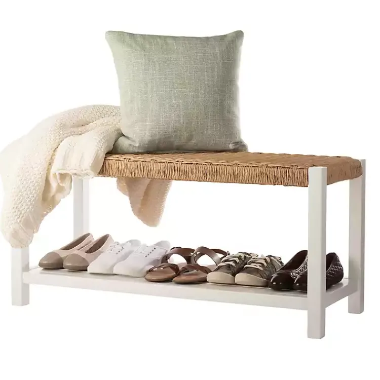 Kirklands Home White Newport Wood and Rattan Bench with Shelf Brown Discount