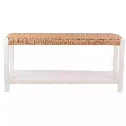Kirklands Home White Newport Wood and Rattan Bench with Shelf Brown Discount