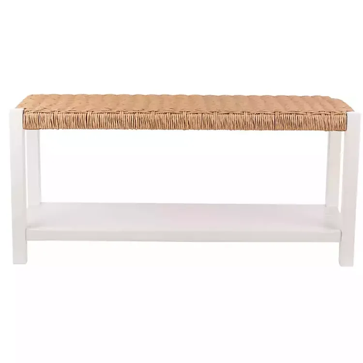 Kirklands Home White Newport Wood and Rattan Bench with Shelf Brown Discount