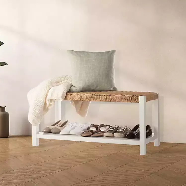 Kirklands Home White Newport Wood and Rattan Bench with Shelf Brown Discount