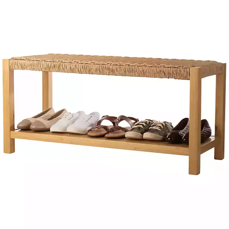 Kirklands Home White Newport Wood and Rattan Bench with Shelf Brown Discount