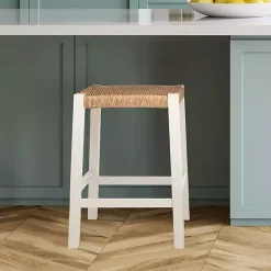 Kirklands Home White Newport Wood and Rattan Counter Stool Brown New
