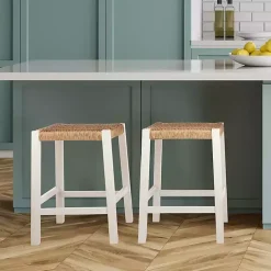 Kirklands Home White Newport Wood and Rattan Counter Stool Brown New