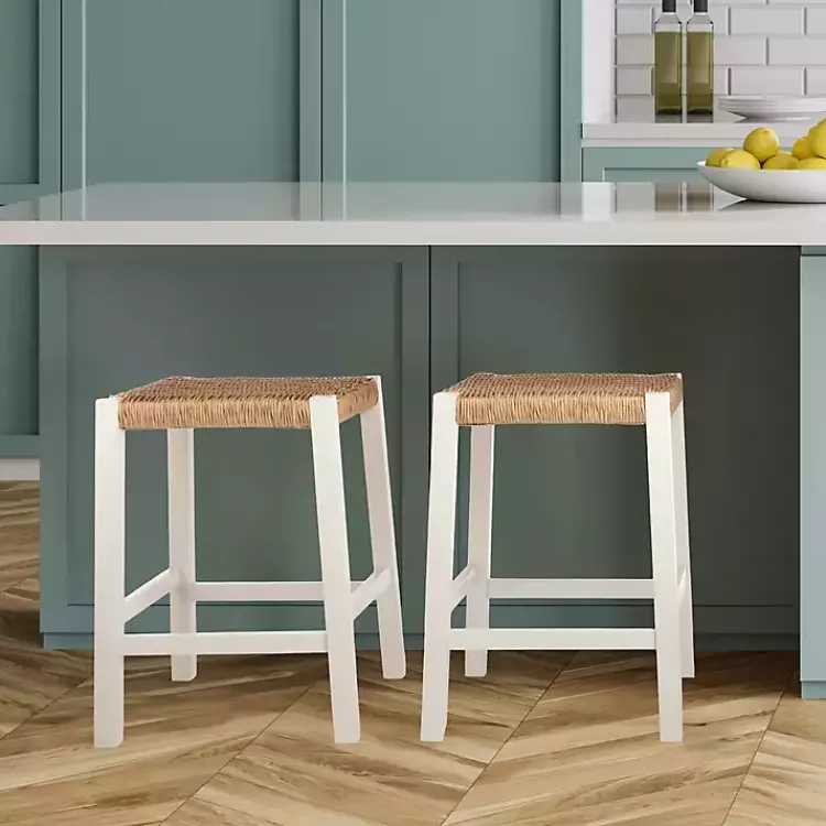Kirklands Home White Newport Wood and Rattan Counter Stool Brown New