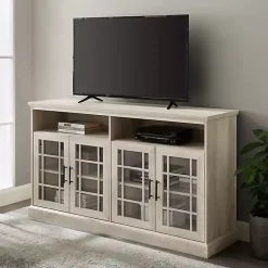 Kirklands Home White Oak Glass Door TV Stand, 58 in. Ivory Outlet