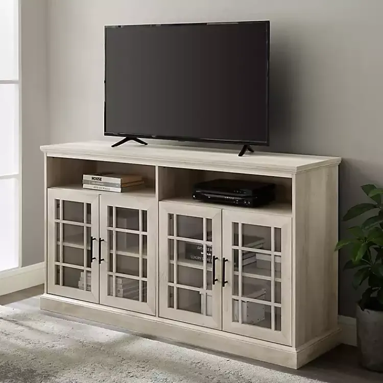 Kirklands Home White Oak Glass Door TV Stand, 58 in. Ivory Outlet