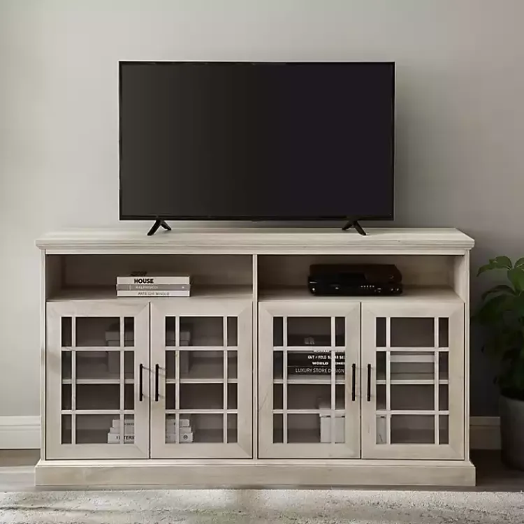 Kirklands Home White Oak Glass Door TV Stand, 58 in. Ivory Outlet