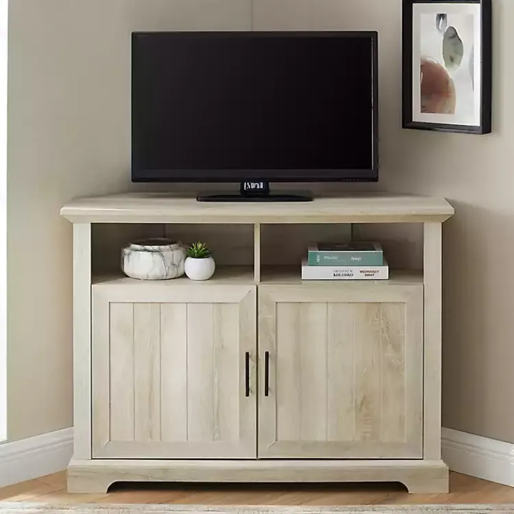 Kirklands Home White Oak Grooved Door Corner TV Stand Ivory Hot