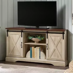 Kirklands Home White Oak Sliding Barn Doors Corner TV Stand Ivory