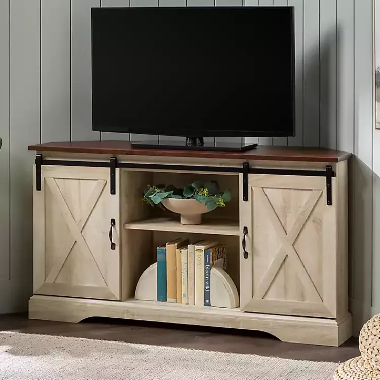 Kirklands Home White Oak Sliding Barn Doors Corner TV Stand Ivory