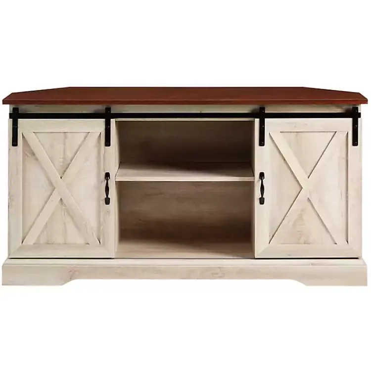 Kirklands Home White Oak Sliding Barn Doors Corner TV Stand Ivory
