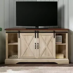 Kirklands Home White Oak Sliding Barn Doors Corner TV Stand Ivory