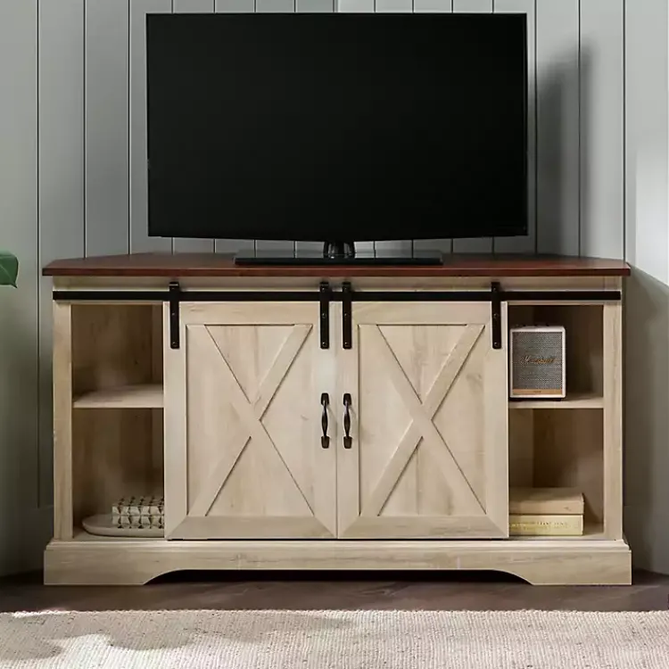 Kirklands Home White Oak Sliding Barn Doors Corner TV Stand Ivory