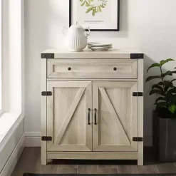 Kirklands Home Oak Wash Wooden and Metal Barn Door Cabinet White Discount